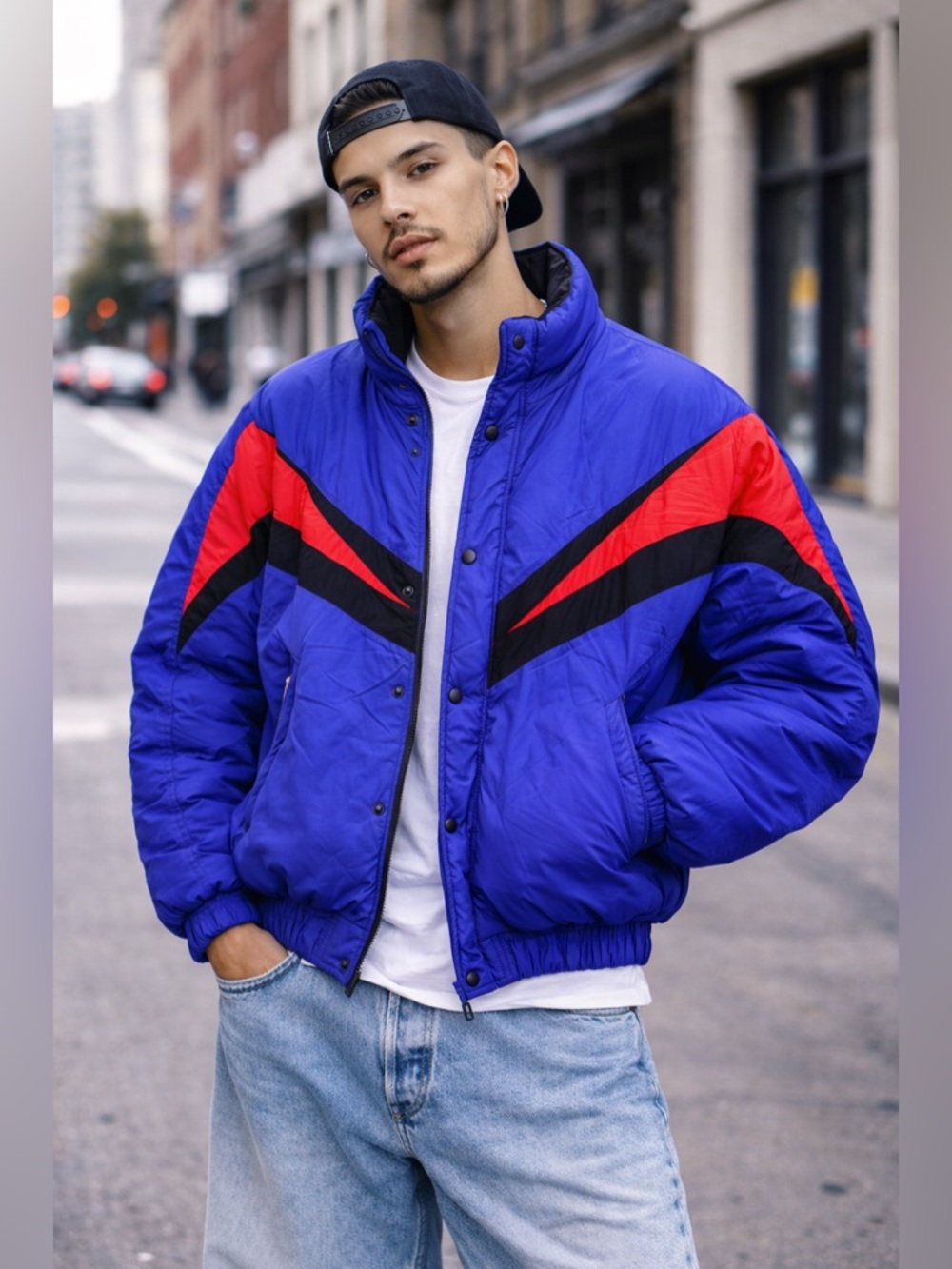 Vintage Britania Colorblock Puffer Jacket Blue Red Black 90s Ski Retro XL